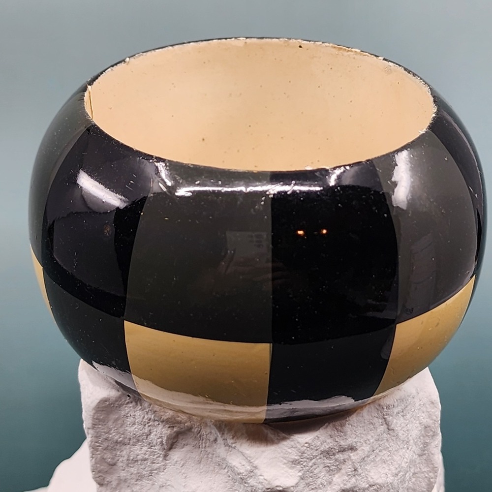 Black Gray Cream Checkerboard Wide Bangle Bracelet Chunky Geometric Statement